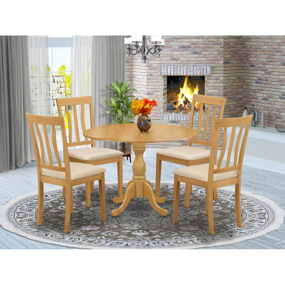 5 Pc Dining Set, Oak Table, 4 Oak Dining Chairs, Slatted Back, Oak Finish