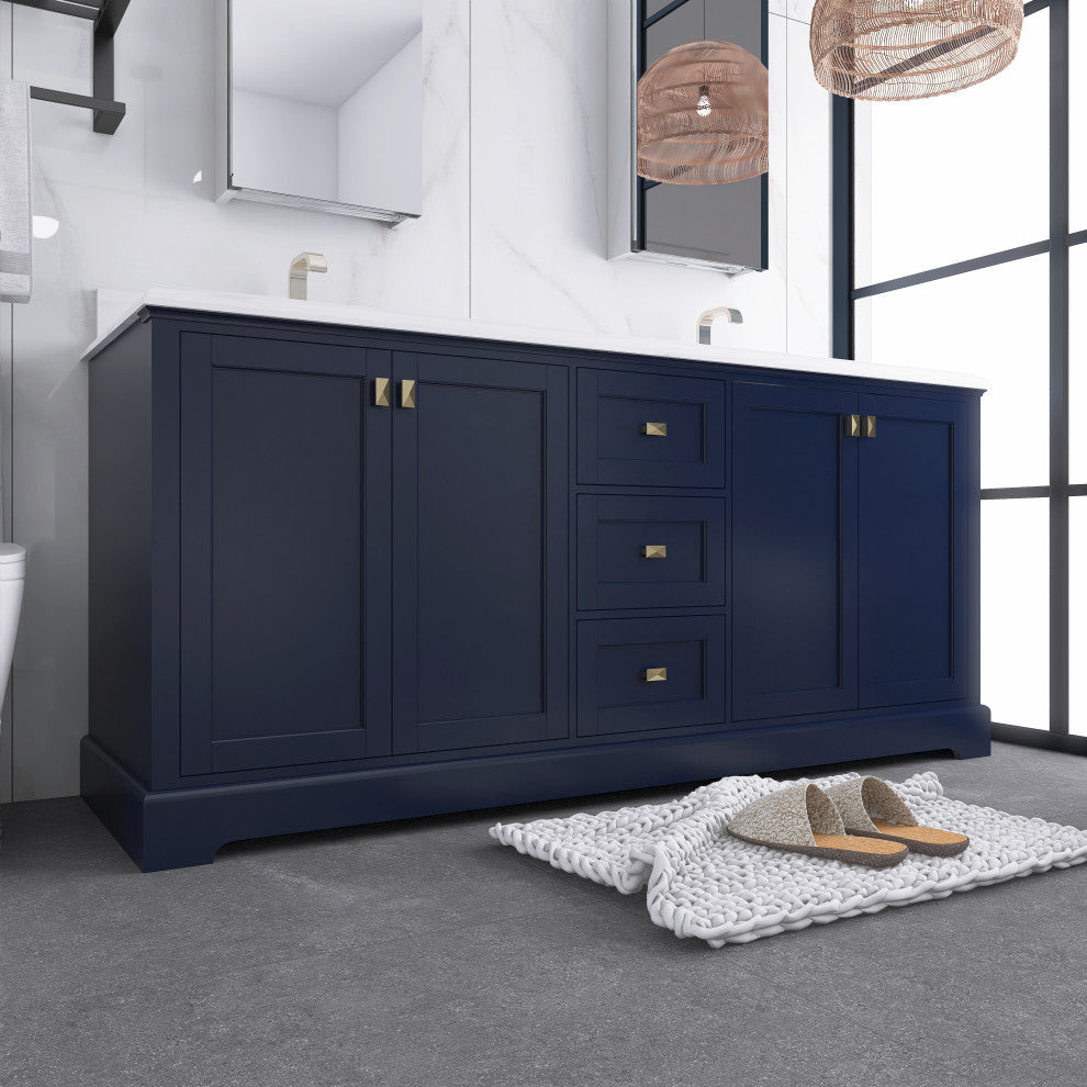 60/72" Plywood Freestanding Bath Vanity Set, Drawer and Ceramic Sink, Navy Blue, 72 Inch