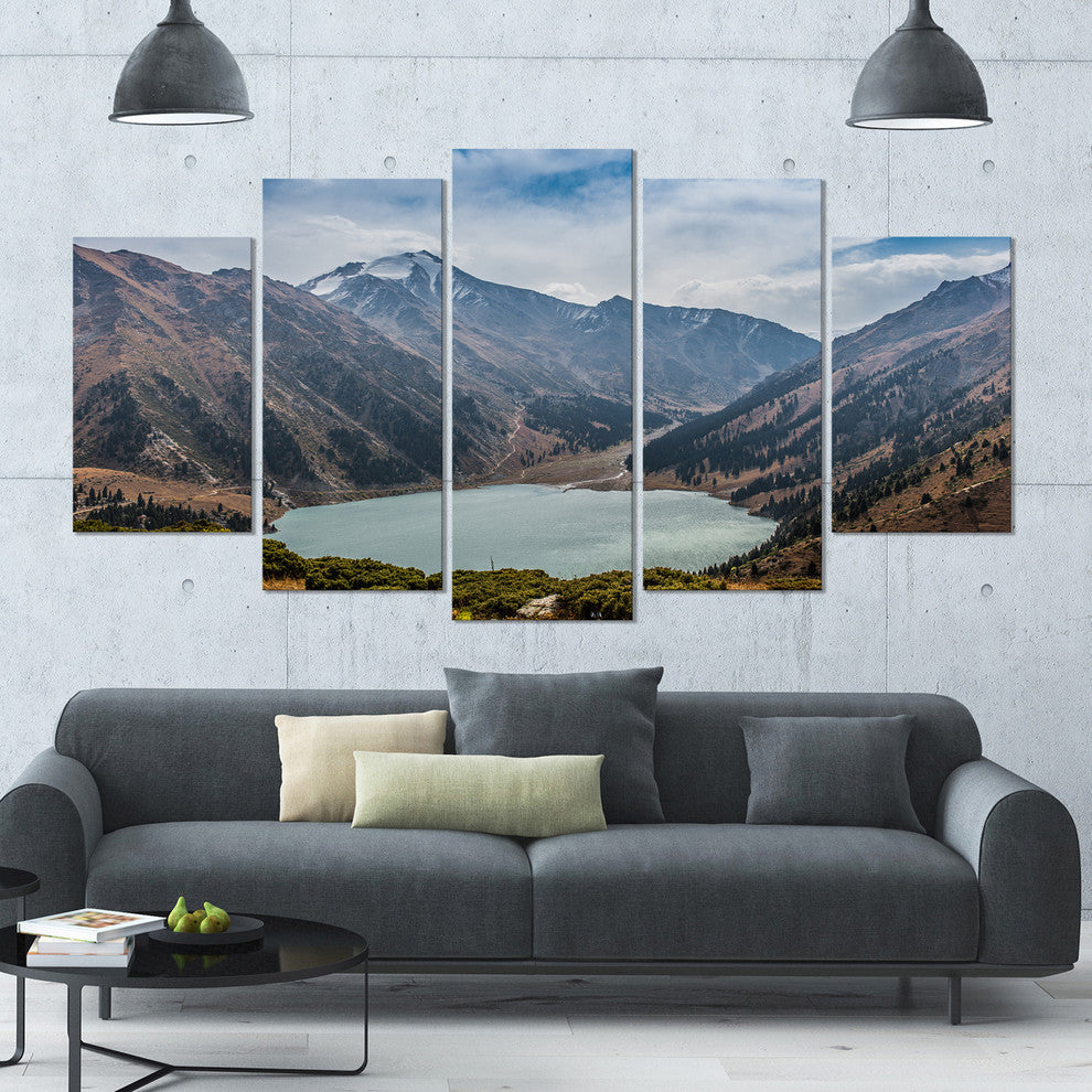 Mountain Lake under Blue Sky, Landscape Canvas Art Print, 60"x32", 5 Panels