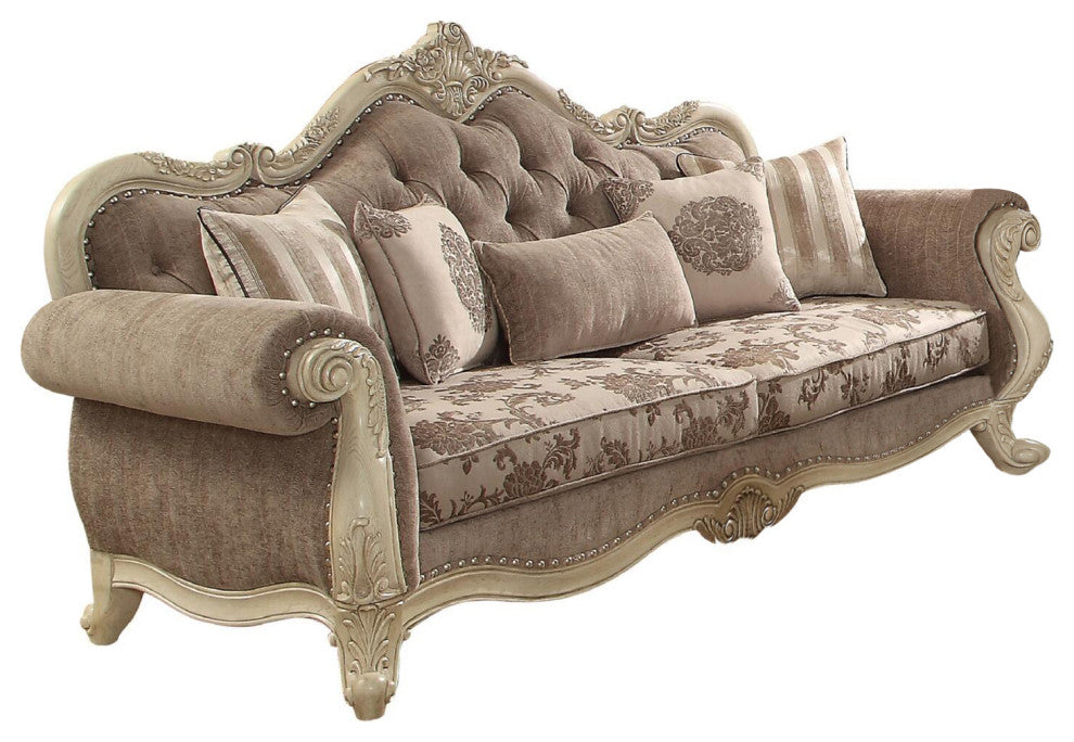 Benzara BM185584 Fabric Upholstered Wooden Sofa With Scrolled Molding Trim, Gray