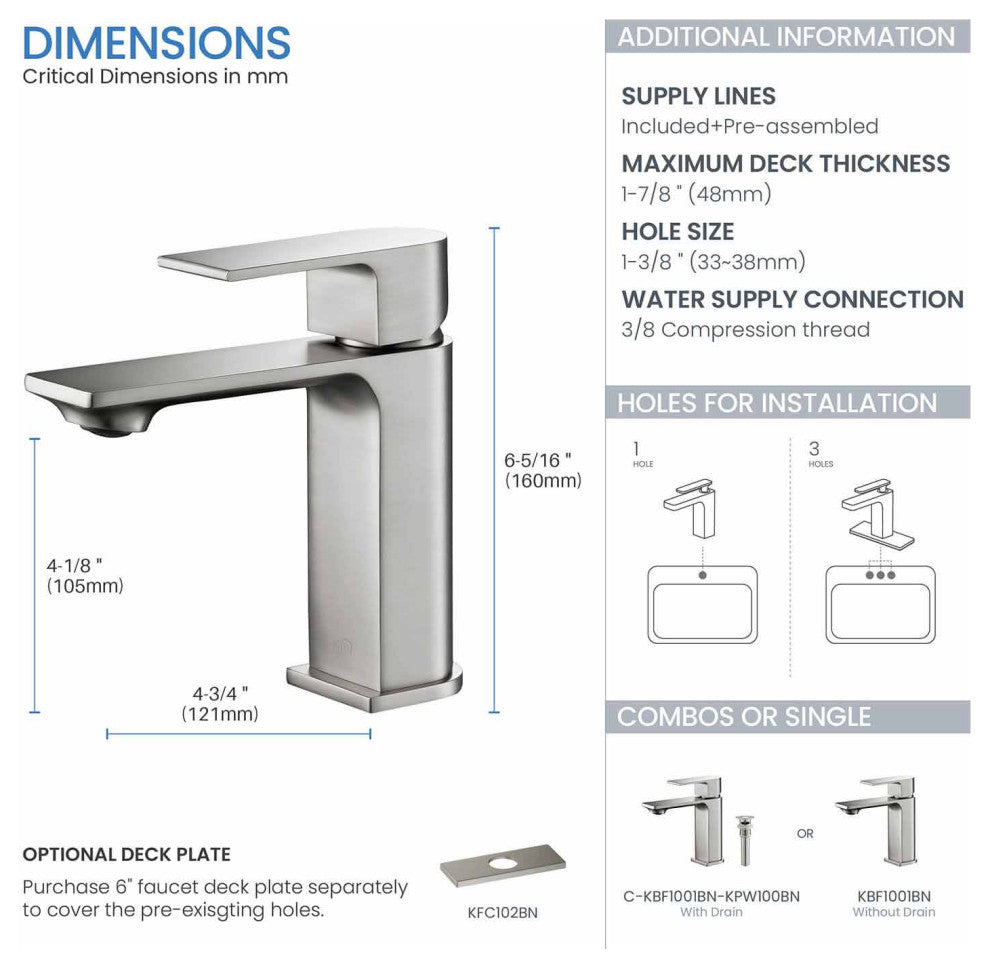 KIBI Mirage Single Handle Bathroom Faucet, Brush Nickel, With Drain