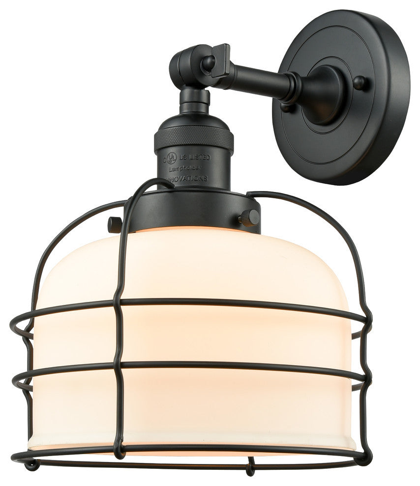 1-Light Large Bell Cage 8" Sconce, Matte Black, Glass: Matte White Cased
