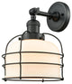 1-Light Large Bell Cage 8" Sconce, Matte Black, Glass: Matte White Cased