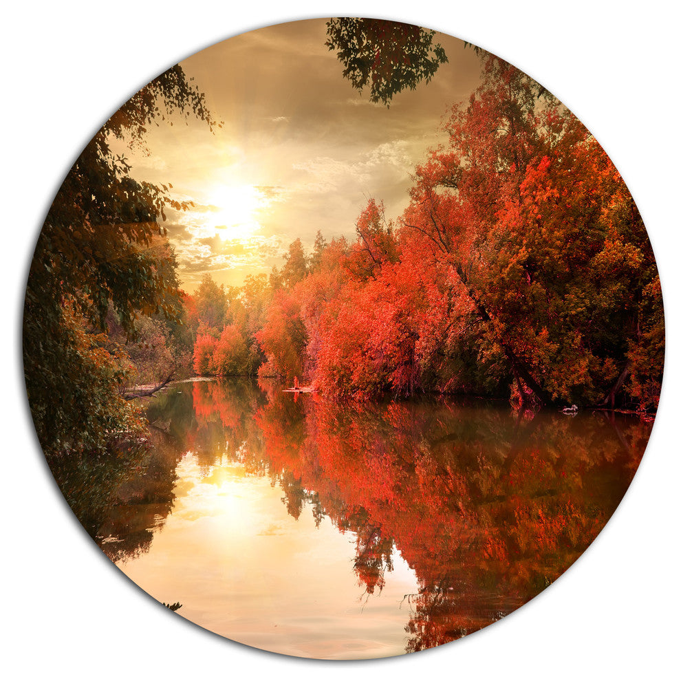Colorful Fall Sunset Over River, Landscape Round Wall Art, 11"