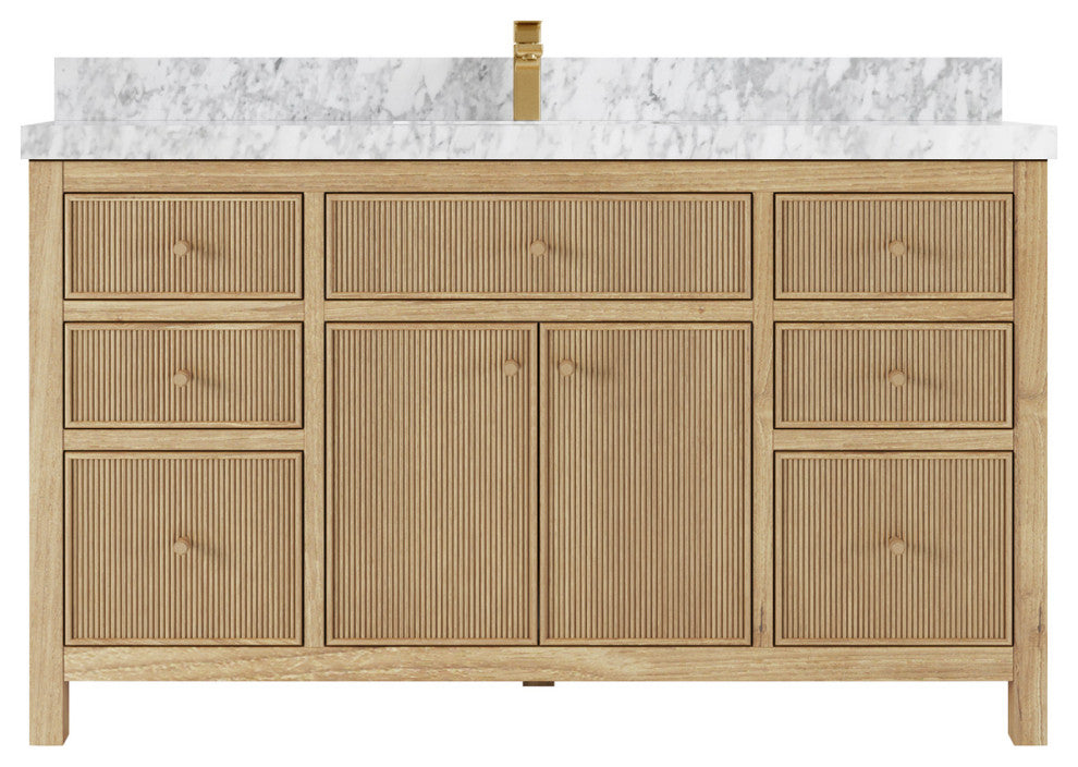 Sonoma 60 Single Bathroom Vanity in Light Natural Teak with 2" Carrara Marble