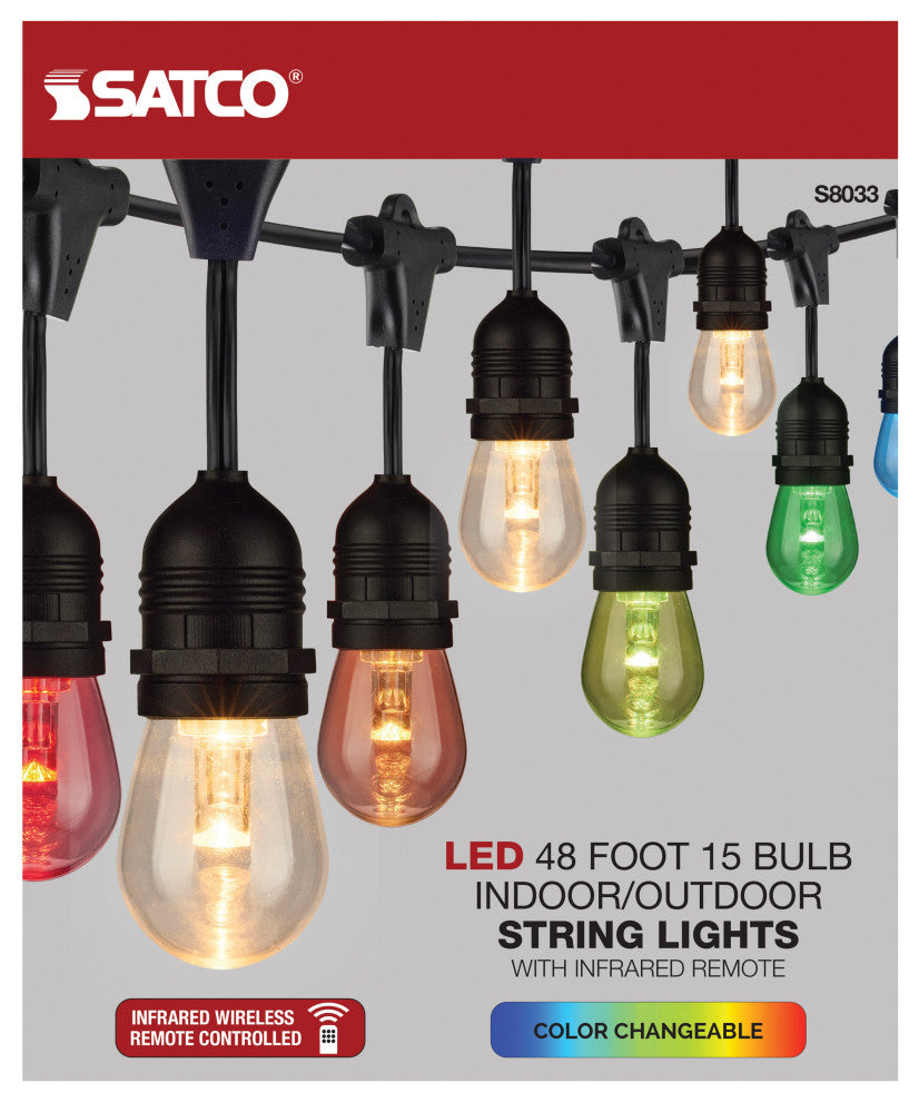 48Ft - LED String Light - 15-S14 lamps - 12 Volts - RGBW with Infrared Remote