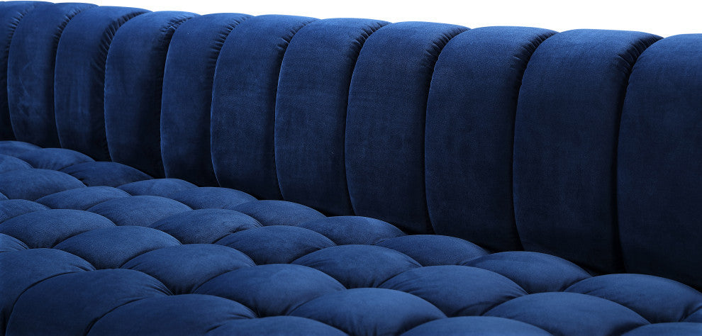 Gwen Biscuit Tufted Velvet Upholstered 3 Piece Sectional, Navy