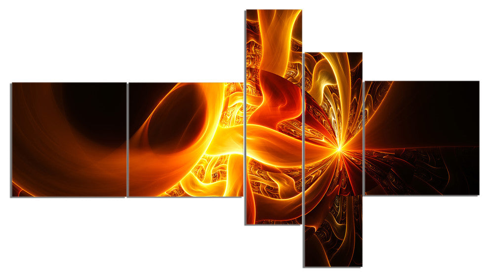 Bright Yellow Designs on Black, Abstract Wall Art Canvas, 60"x32", 5 panels