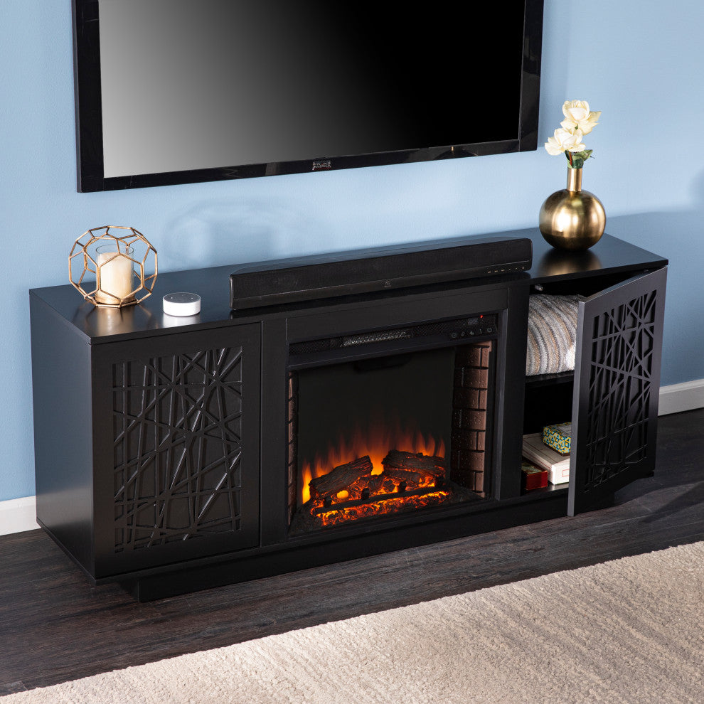 Vivian Electric Media Fireplace With Storage, Black
