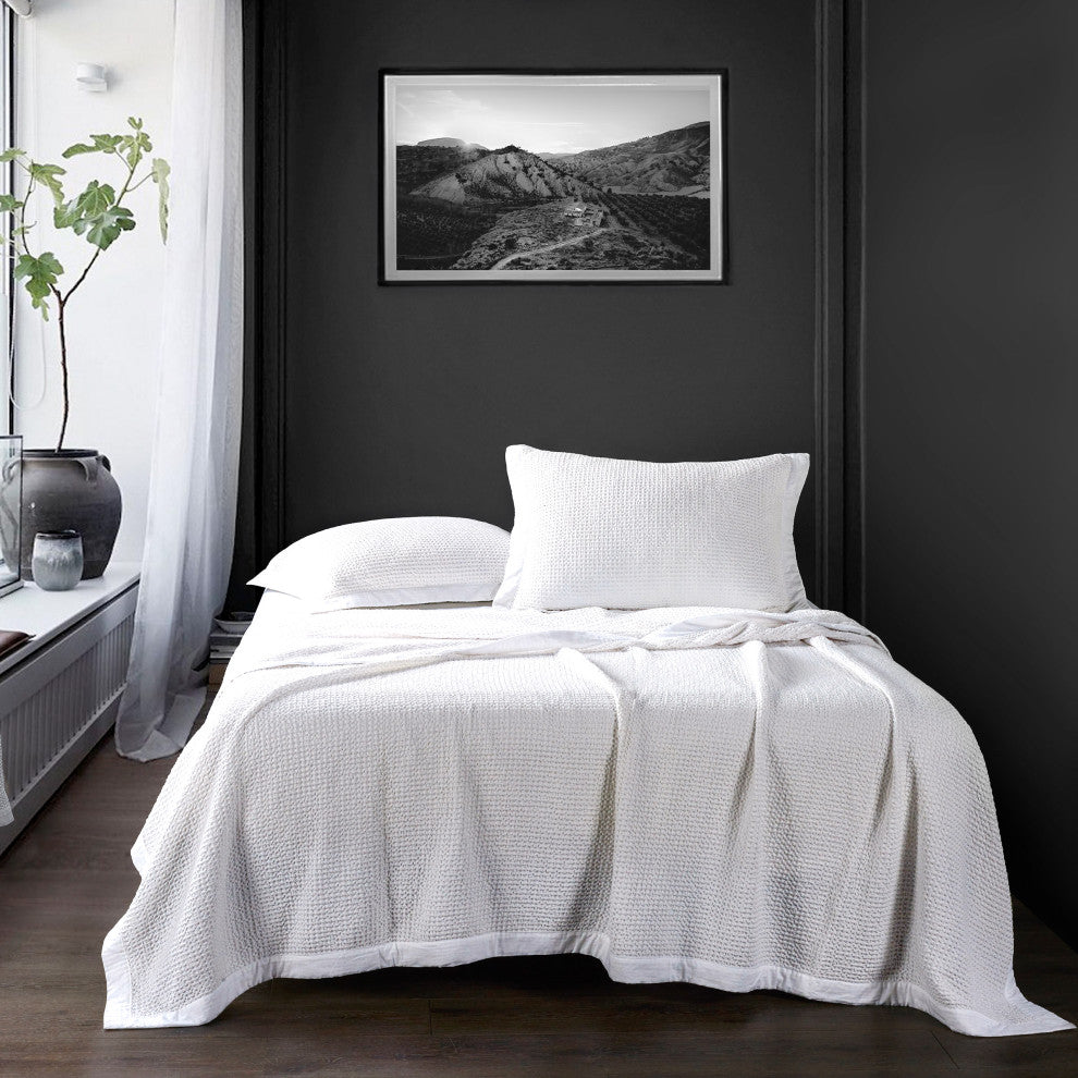Waffle Weave Cotton Coverlet Set, 3 Piece, White, Queen