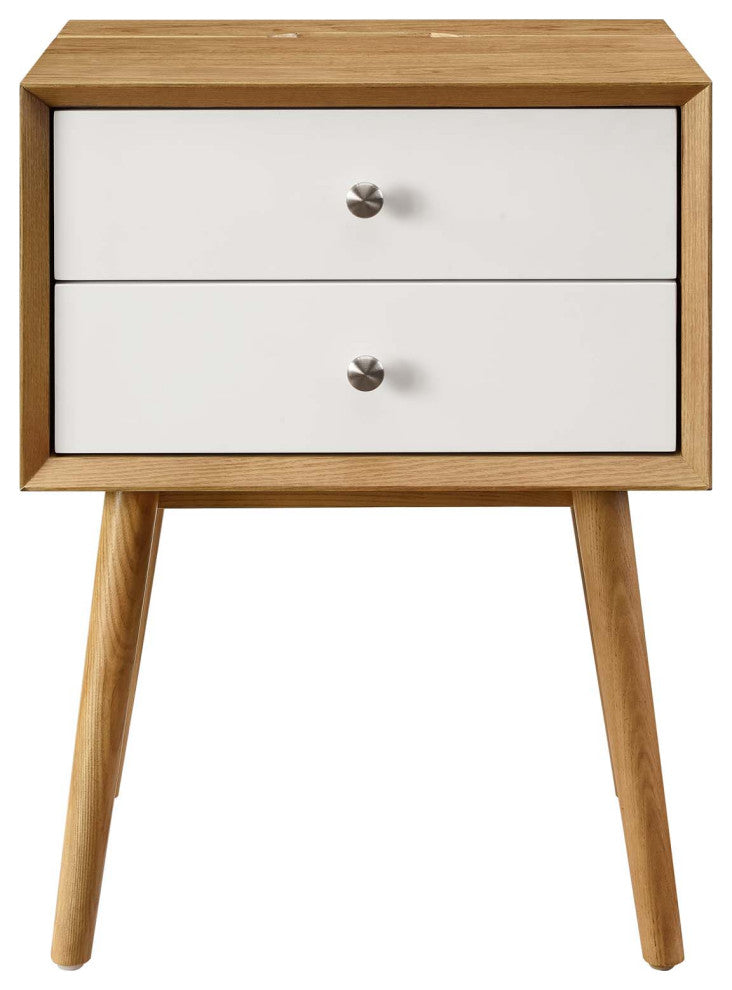 Nightstand Side End Table With USB, Wood, Brown Natural White, Modern