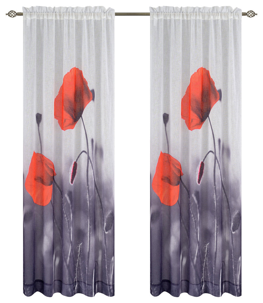Poppy Set of 2 Sheer Art Drapery Curtain Panels, Rodpocket