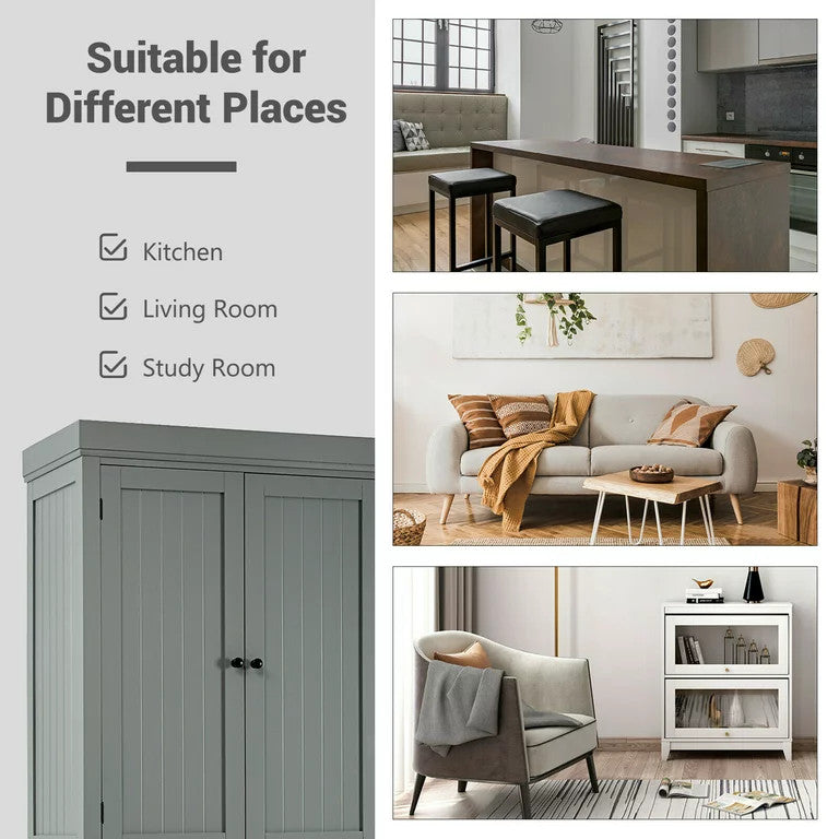 Traditional Pantry Cabinet, 2 Large Doors With Drawer & Pull Handles, Grey