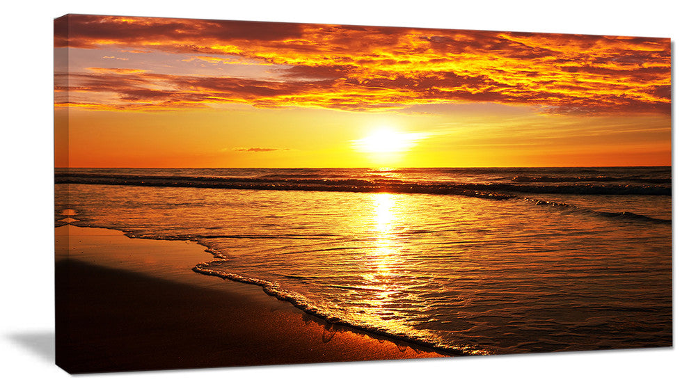 "Bright Yellow Sunset Over Waves" Modern Beach Canvas Art Print, 32"x16"