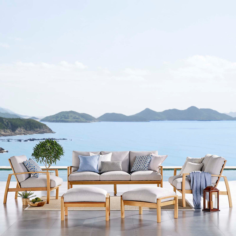 Lounge Sectional Sofa Chair Set, Wood, Brown Natural Gray, Modern, Outdoor