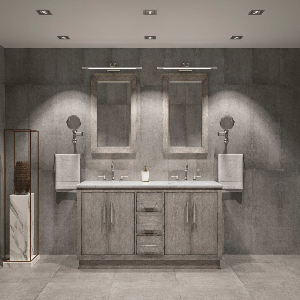 Hugo 60 Double Sink White Marble Countertop Vanity, Gray Oak With Mirrors
