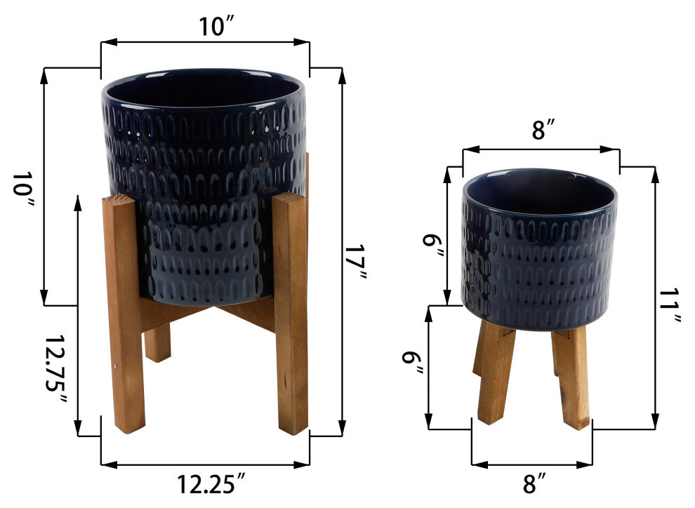 Set of 2 10' and 8" Raindrop Ceramic Planter On Wood Stand,Glass Navy