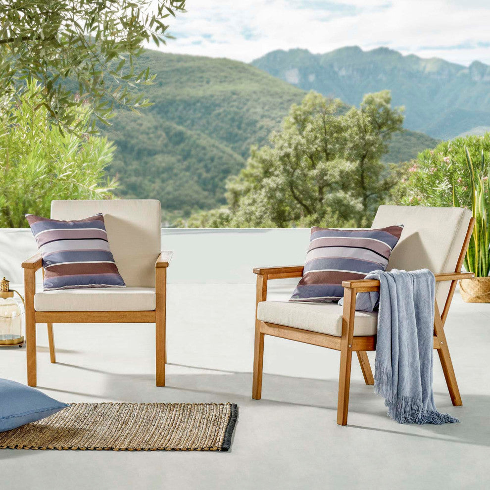 Lounge Chair Armchair, Set of 2, Wood, Brown Natural Beige, Modern, Outdoor