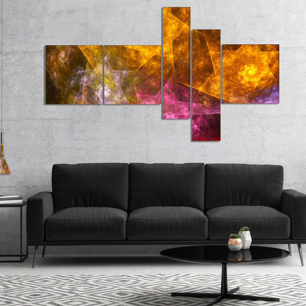 Yellow Pink Rotating Polyhedron, Abstract Canvas Art Print, 60"x32", 5 panels
