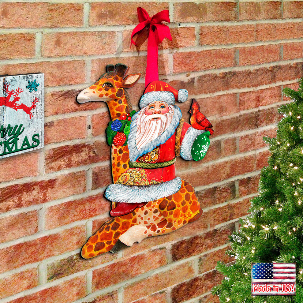 Santa On Giraffe Wooden Holiday Decorative Door Hanger