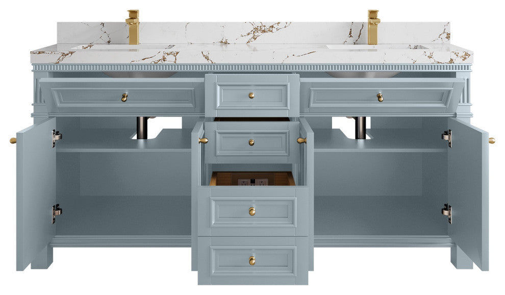 Paris 72" Double Sink Bathroom Vanity, Blue Heather 2" Viola Brown