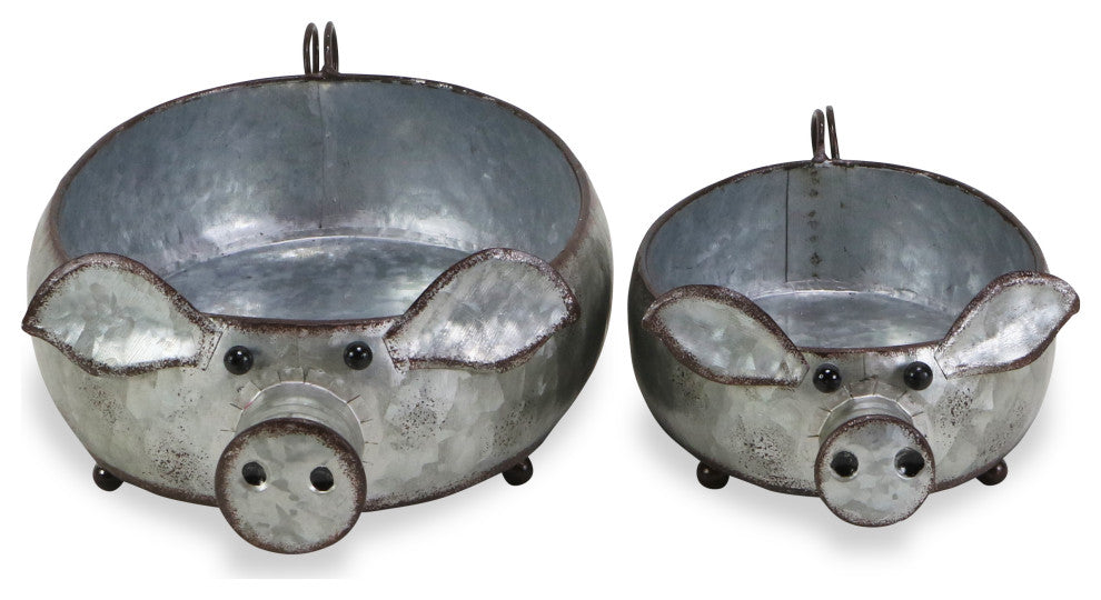 Galvanized Metal Piglet Planters, Set of 2