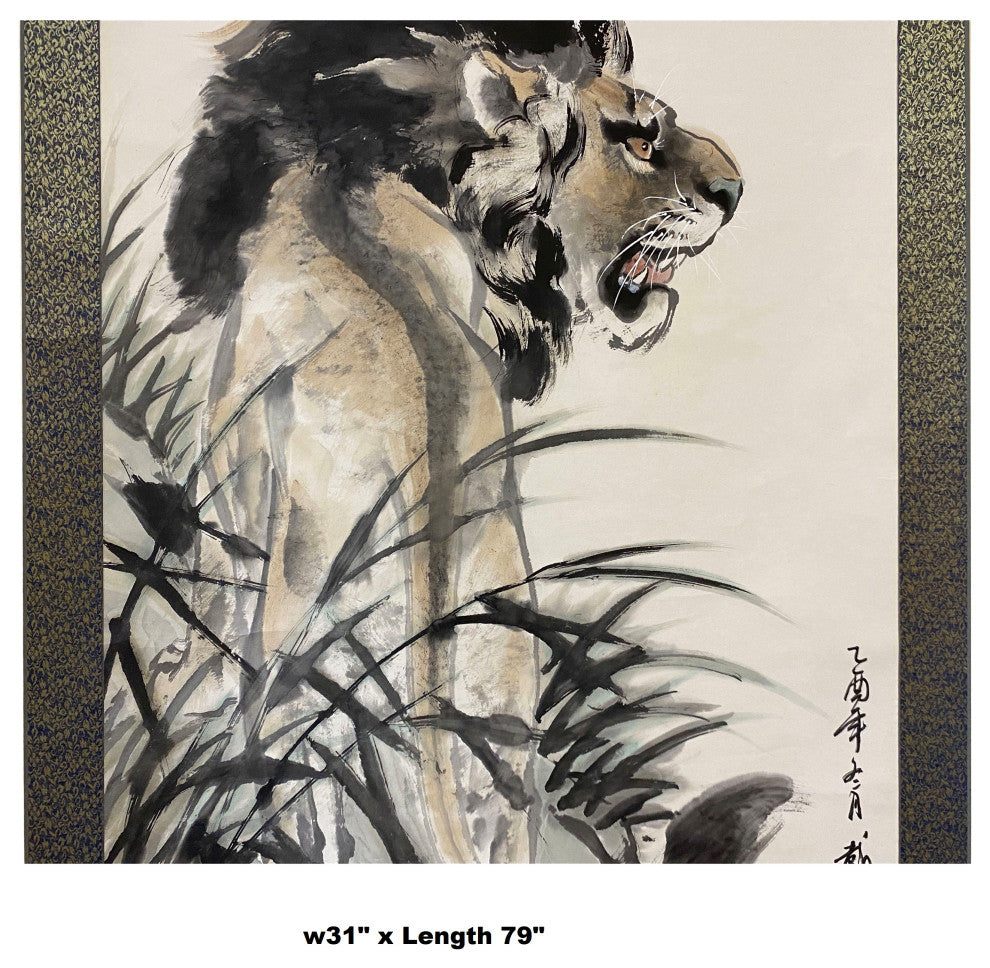 Chinese Black White Ink Lion Theme Scroll Painting Original Wall Art Hws1976