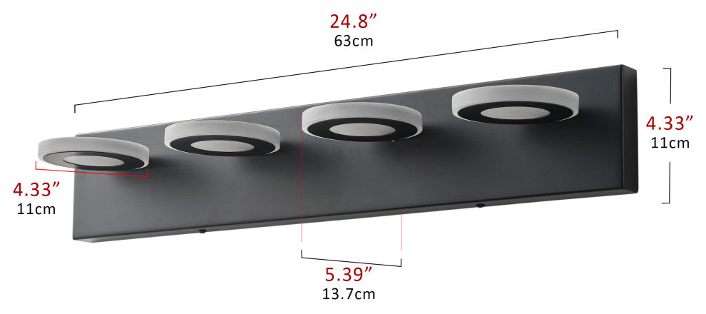 Dimmable 4-Light Round LED Vanity Lighting Fixture for Bathroom Mirror, Black