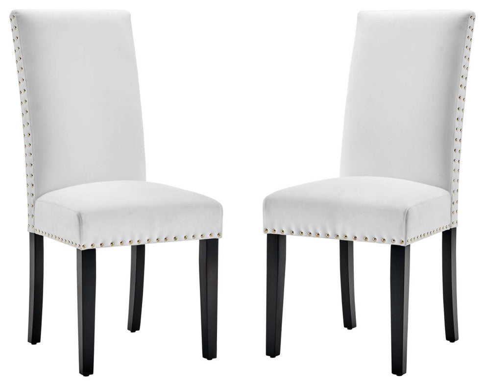 Side Dining Chair, Set of 2, Velvet, Wood, White, Modern, Cafe Bistro Restaurant