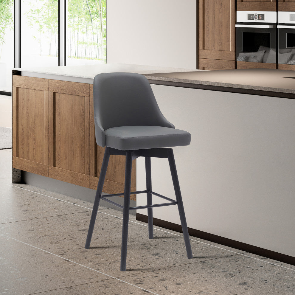 Sicily 26" Swivel Black Wood Counter Stool, Gray Faux Leather, 30
