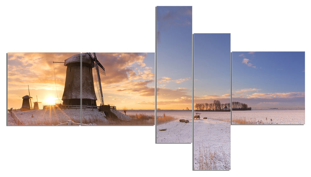 Dutch Windmills at Sunrise, Abstract Canvas Wall Art, 60"x32", 5 panels