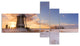 Dutch Windmills at Sunrise, Abstract Canvas Wall Art, 60"x32", 5 panels