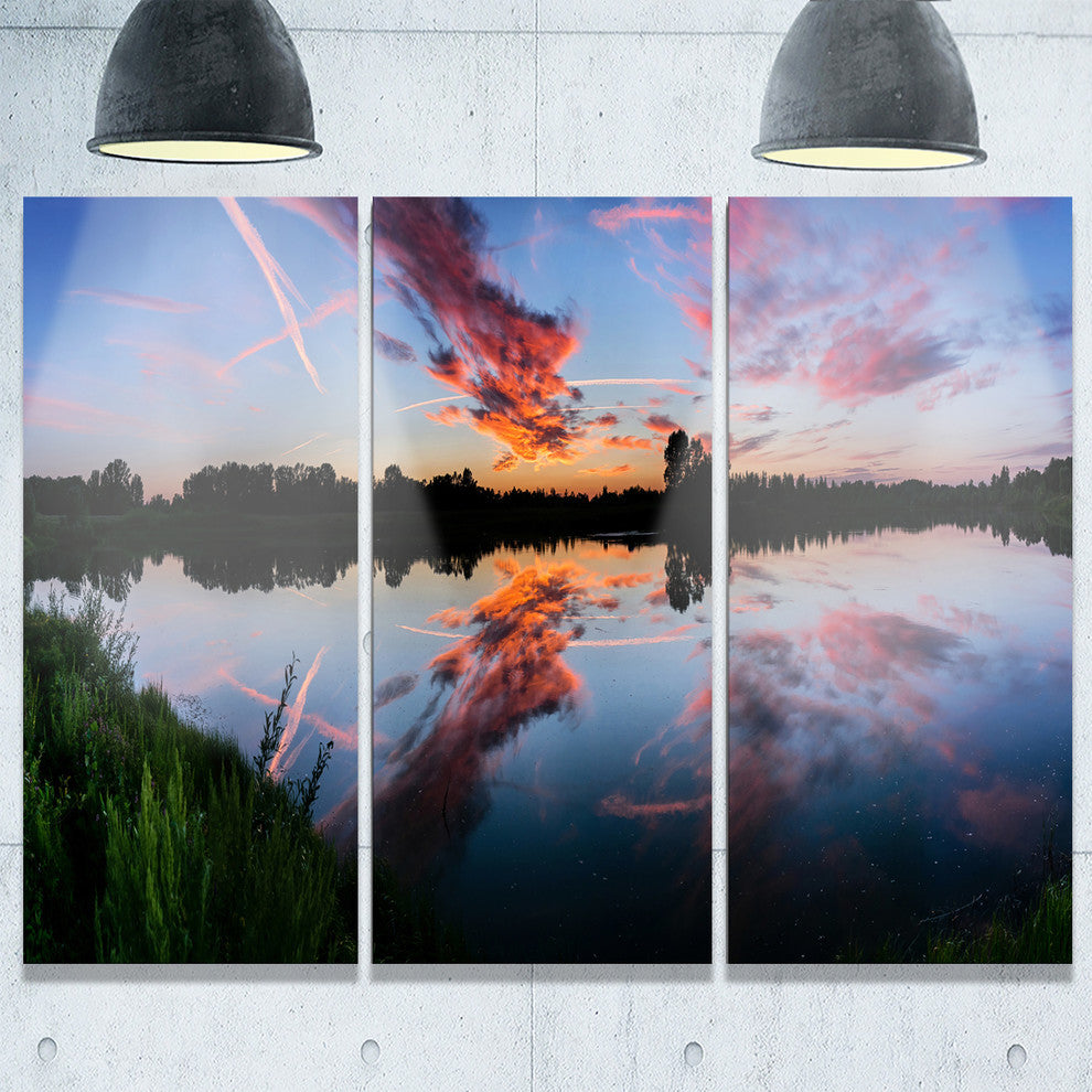 "Sunset Sky Mirrored in Lake Water" Metal Wall Art, 3 Panels, 36"x28"
