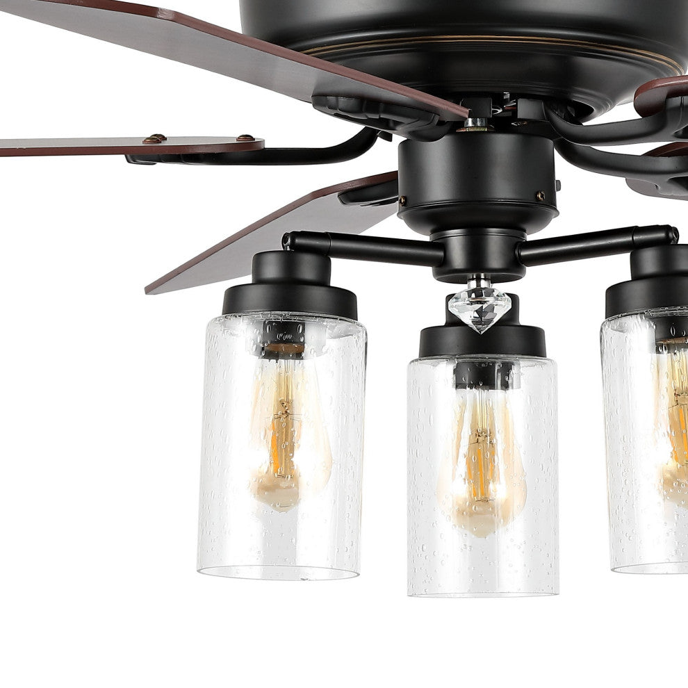 Lucas 52" 3-Light Rustic Mobile-App/Remote-Controlled Ceiling Fan, Black/Clear