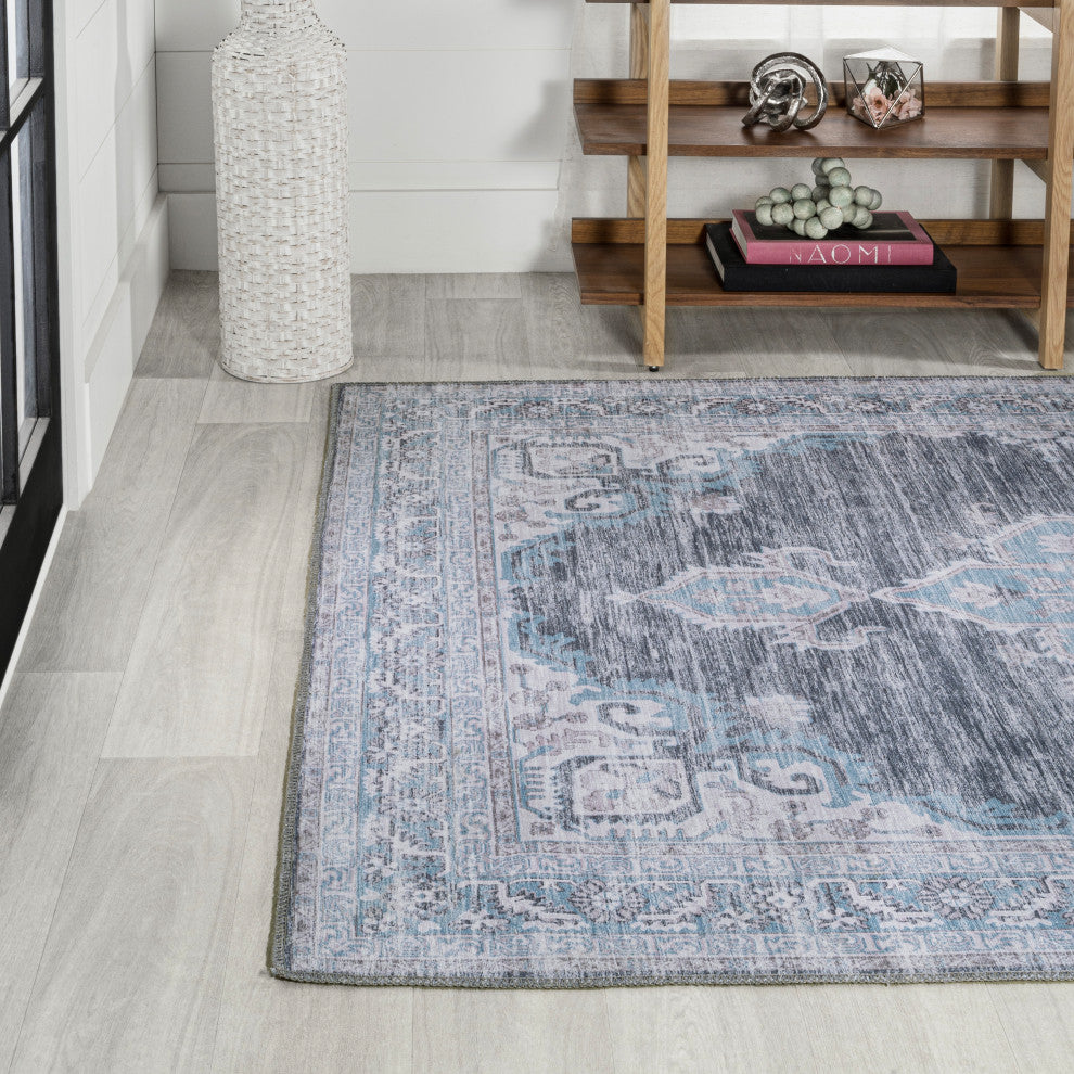 Wincer Chenille Cottage Medallion Washable Rug, Gray/Blue/White, 8 X 10