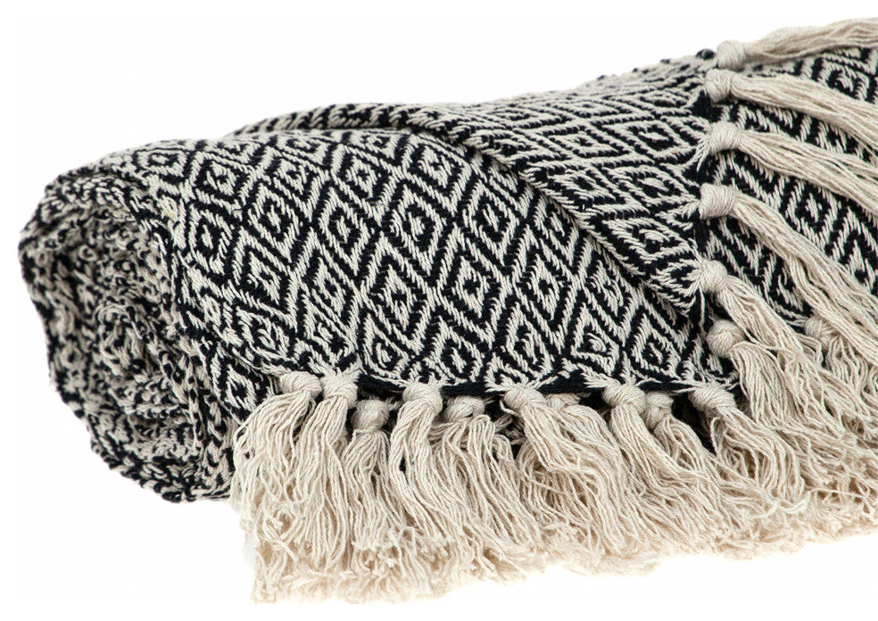 Boho Black and Beige Woven Diamond Pattern Throw With Tassels