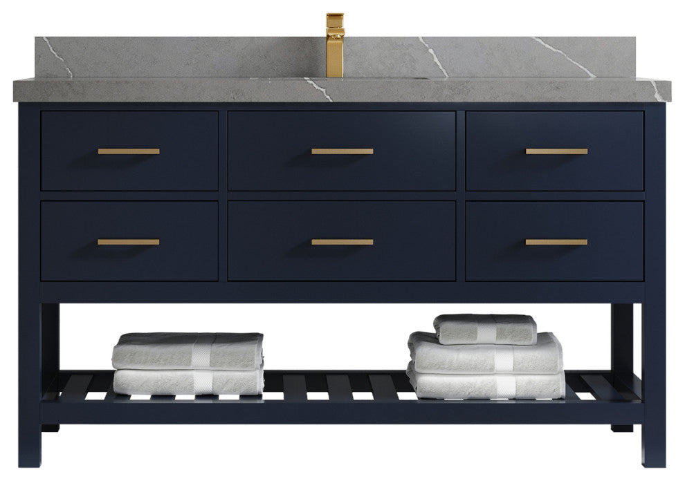 Parker 60 Single Sink Bathroom Vanity in Navy Blue  2" Piatra Gray
