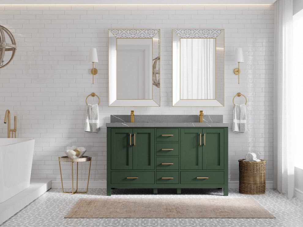Malibu 60 Double Sink Bathroom Vanity in Lafayette Green 2" Piatra Gray