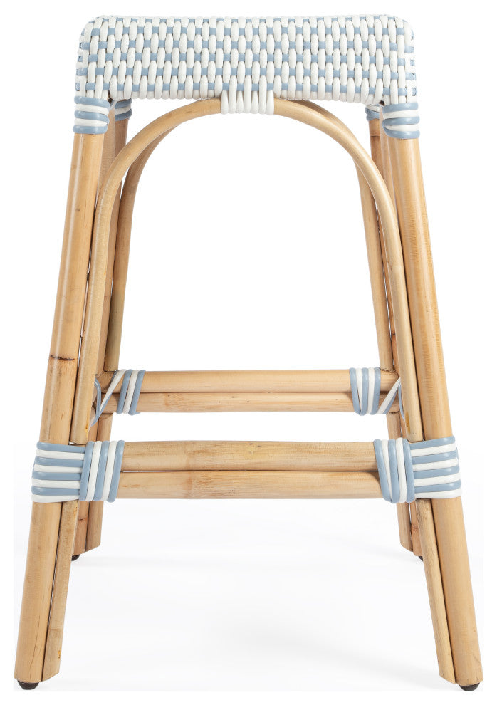 Robias Rectangular Rattan 24.5" Counter Stool, Blue and White