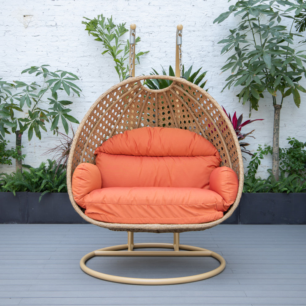 LeisureMod Mendoza Light Brown Wicker Hanging Double Egg Swing Chair, Orange