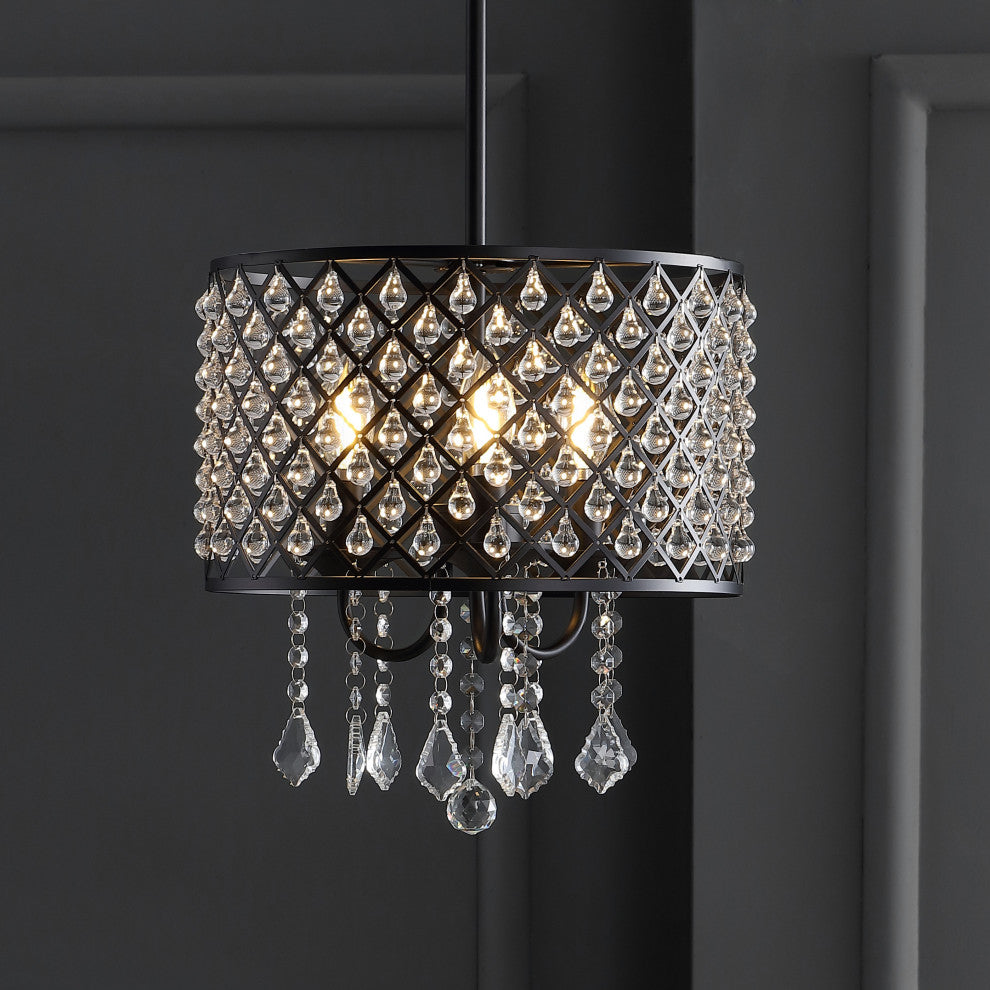 Gigi Metal and Crystal Adjustable LED Drop Pendant, Black and Clear, 13