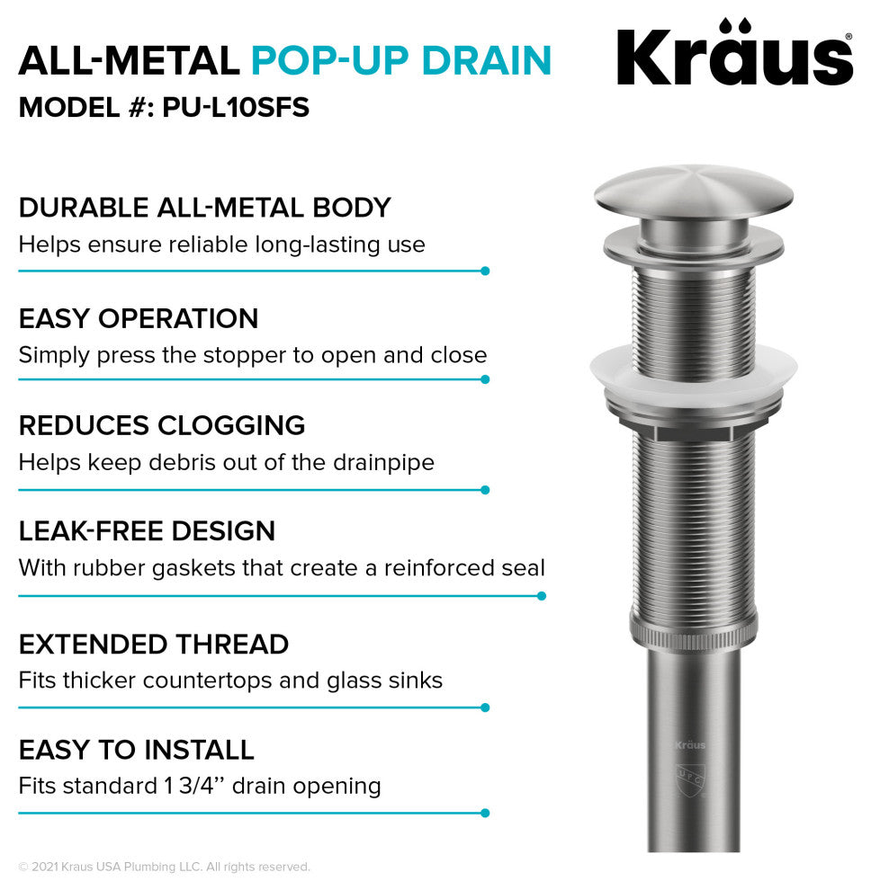 Pop Up Drain With Extended Thread, Spot Free Stainless Steel