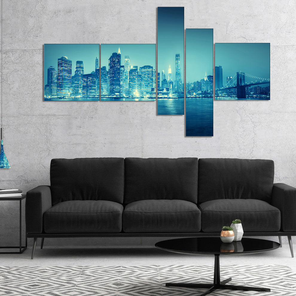 Blue New York at Night, Cityscape Digital Art Canvas Print, 60"x32", 5 panels