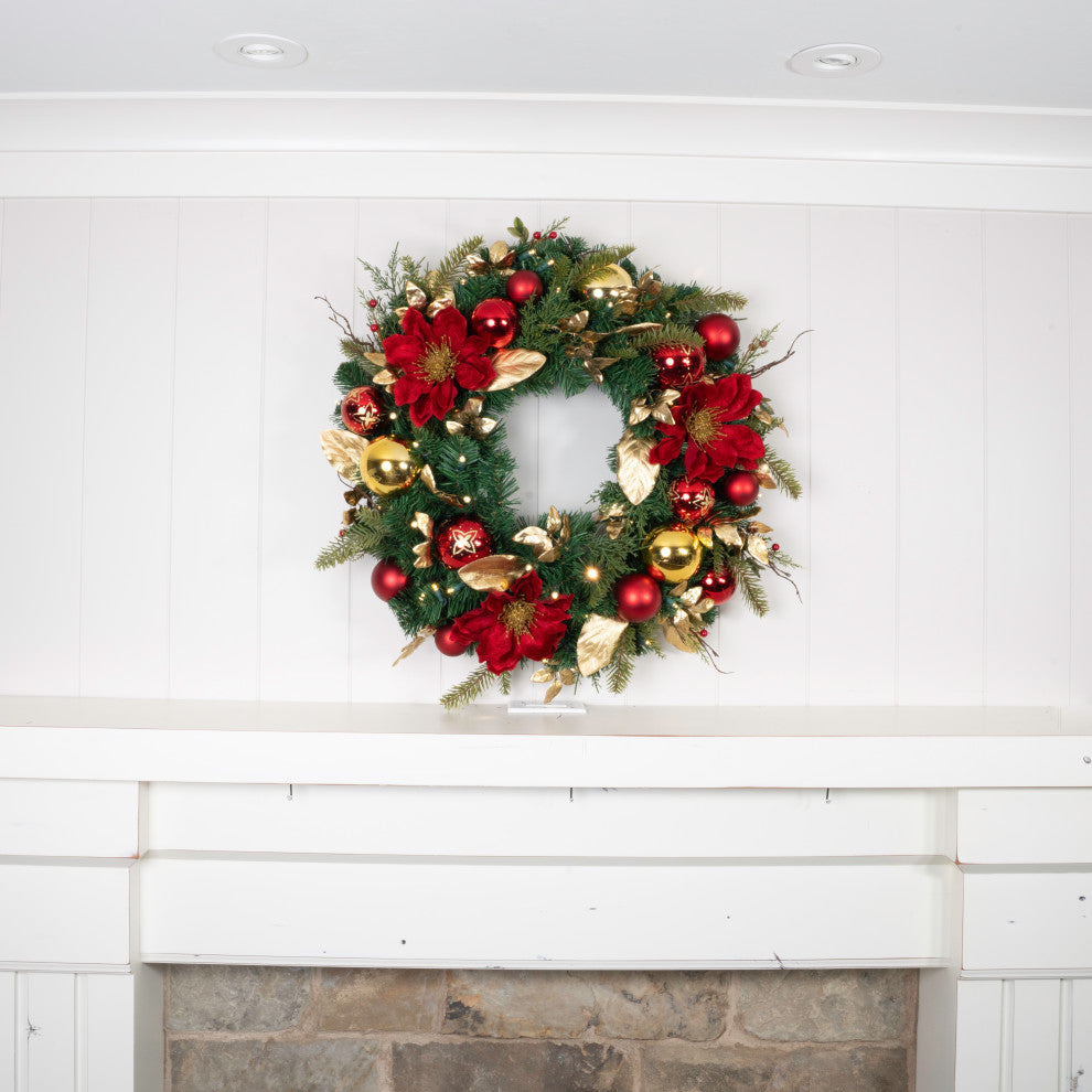 30" Lighted Christmas Wreath, Golden Leaf Red Magnolia
