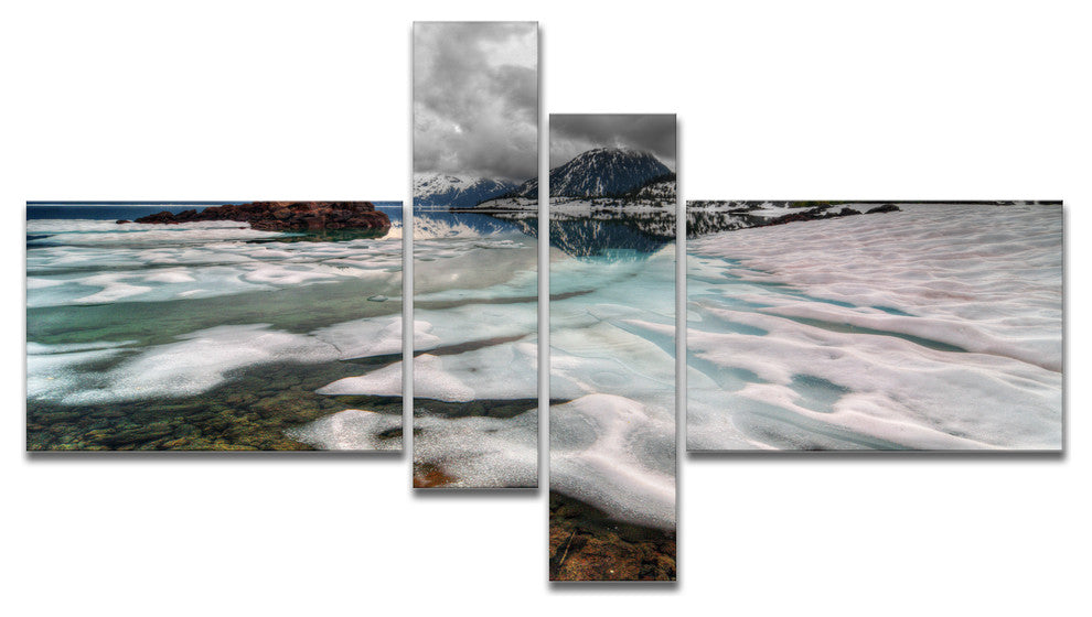 Frozen Mountain Lake Shore, Large Landscape Canvas Art, 60"x32", 4 panels