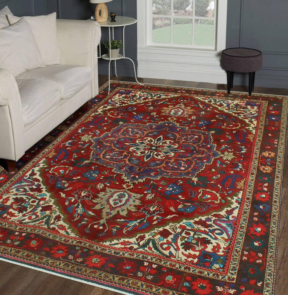 Fine Vintage Distressed Haig Burgundy/Blue Rug, 7'2x10'9