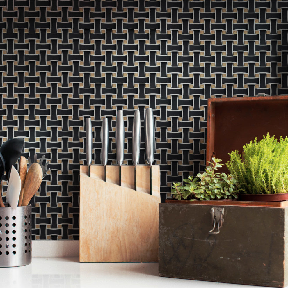 Metro Dog Bone Basketweave Matte Black w/Glass Gold Dot Porcelain Wall Tile