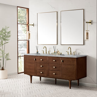 Amberly 72" Double Vanity, Mid-Century Walnut, 3CM Arctic Fall Top
