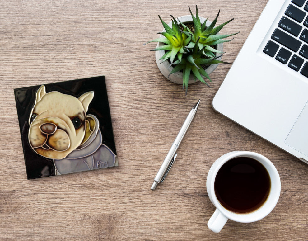 4x4" French Bulldog Dog Art Tile Ceramic Drink Holder Coaster