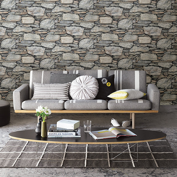 Slate Stone Wall Wallpaper, Gray, Sample